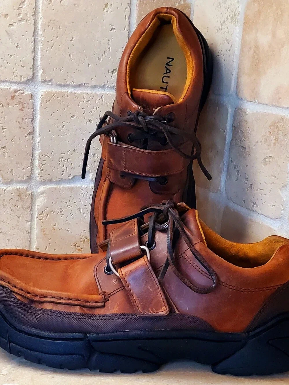 Nautica Men's Moc Toe Brown Leather Lace Up Buckle Strap Shoes US 10M